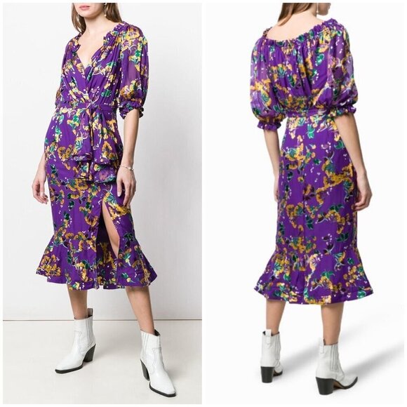 💕SALONI💕 Olivia Floral Printed Silk Midi Dress ~ Violet Sweetpeas US 4 - Picture 10 of 16